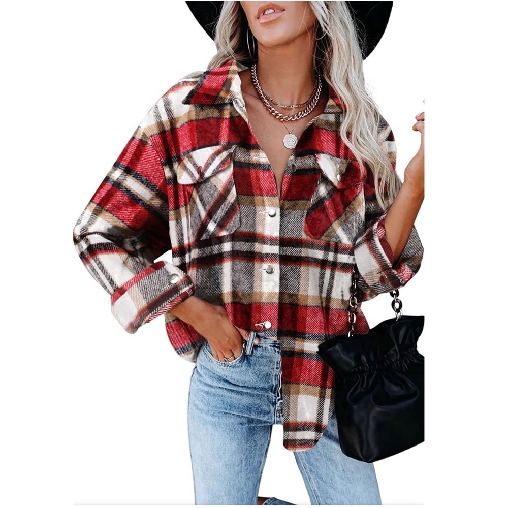 BTFBM Plaid Flannel Shacket Oversized Button Front Jacket Women’s L Red Black